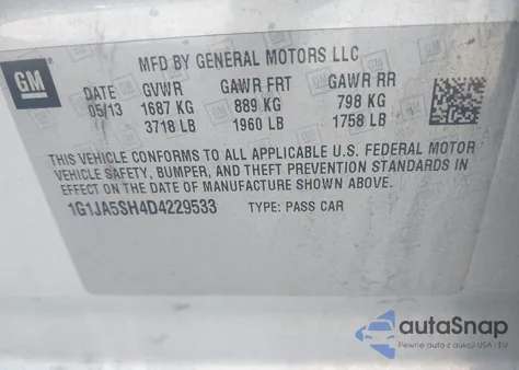 2013 Chevrolet Sonic Ls Auto from USA, damaged, VIN 1G1JA5SH4D4229533